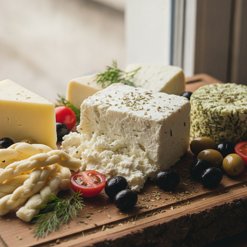 Beş çeşit peynir, zeytin ve domatesten oluşan peynir tabağı